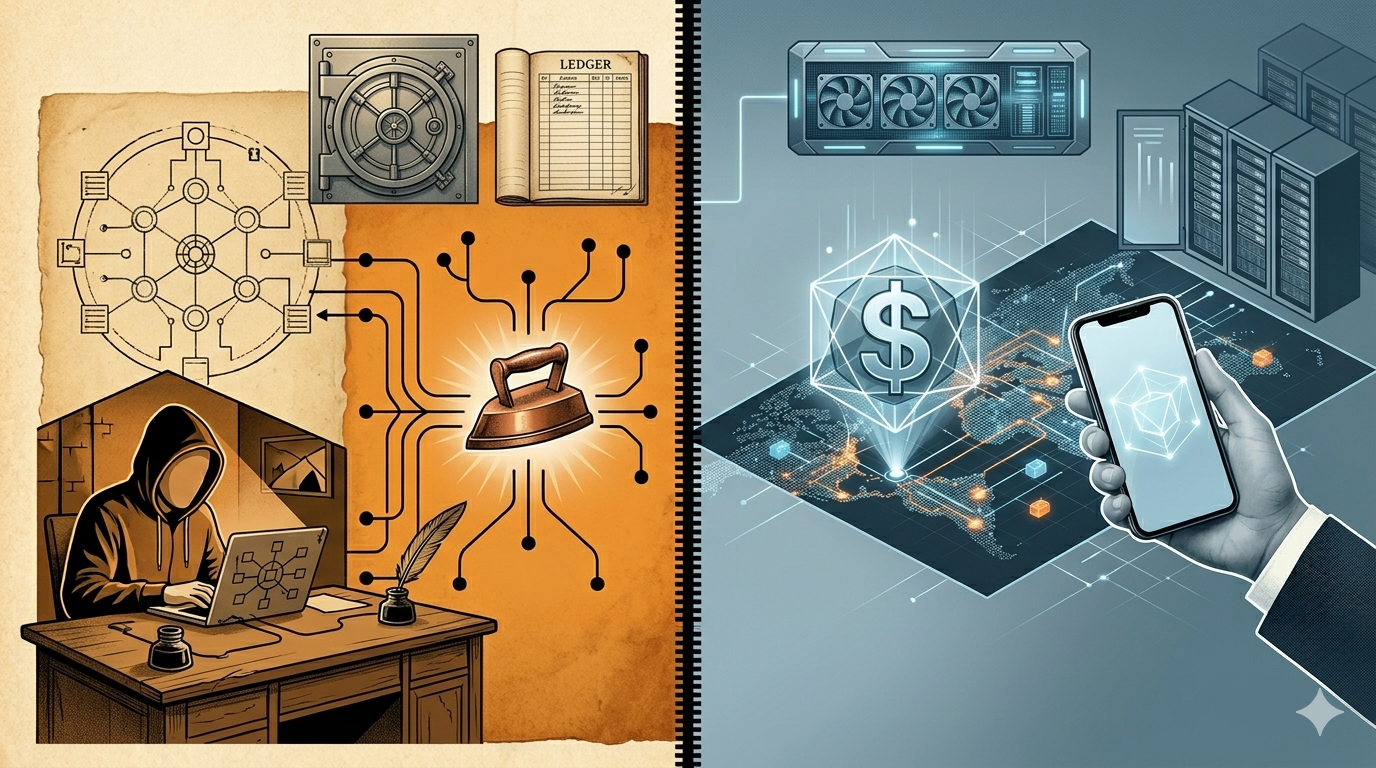Illustration comparing Bitcoin's ideological origins with stablecoins as practical digital dollars